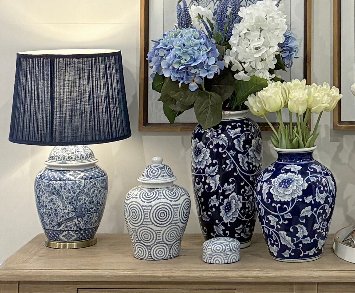 Blue & White Chinoiserie Lamp with Pleated Indigo Shade