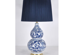 Blue & White Koi Fish Lamp with Pleated Indigo Shade