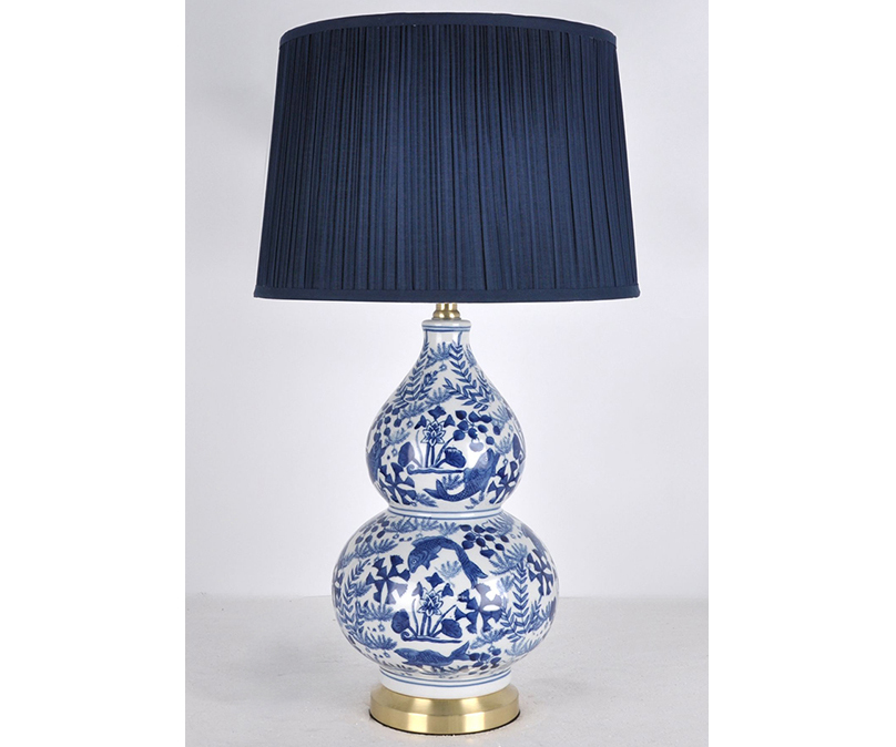 Blue & White Koi Fish Lamp with Pleated Indigo Shade