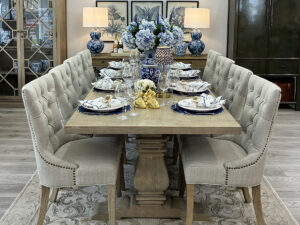 Halland Oak Dining Table with Oak Base, 240cm & 8 Ava Dining Chairs in Porridge