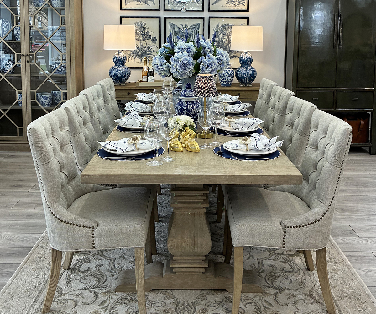 Halland Oak Dining Table with Oak Base, 240cm & 8 Ava Dining Chairs in Porridge