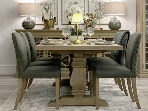 Halland Oak Dining Table with Oak Base, 200cm & 6 Henley Dining Chairs in Olive