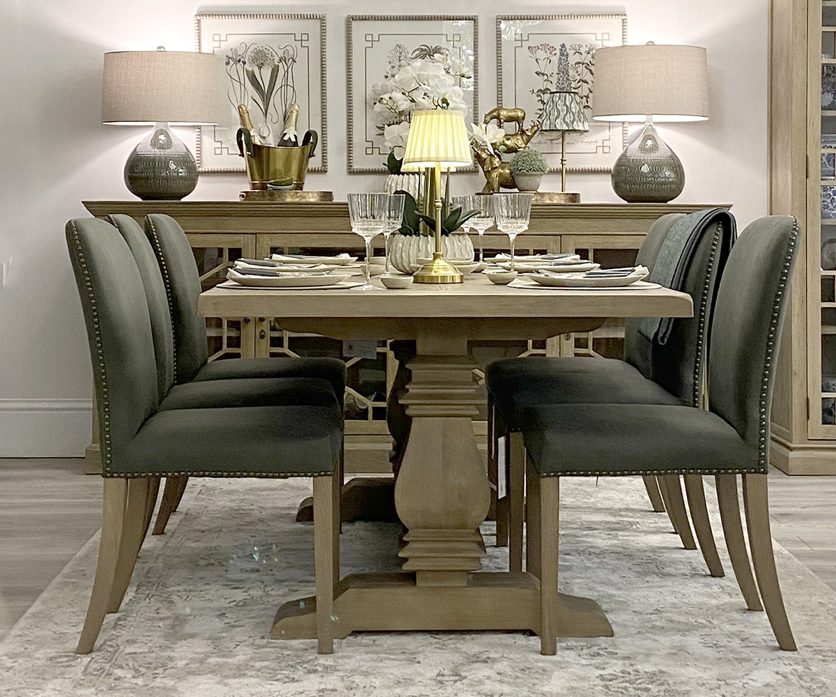Halland Oak Dining Table with Oak Base, 200cm & 6 Henley Dining Chairs in Olive