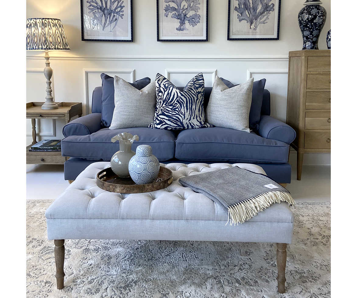 EX-DISPLAY - Highmore 2 Seater Sofa in Hummingbird + Footstool in Linnet Silver