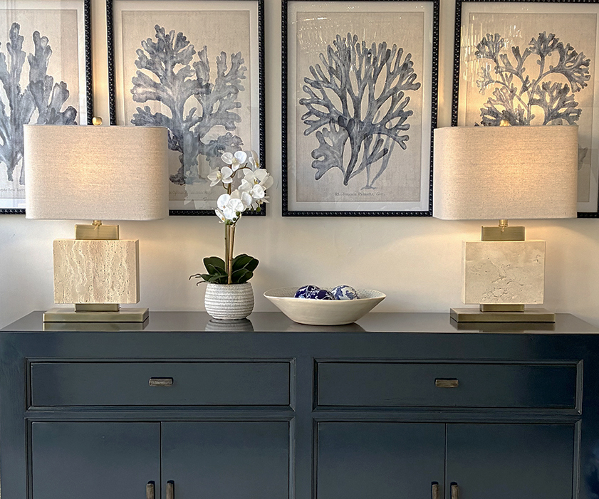 EX-DISPLAY - Pair of Stone Lampbases with Linen Shades