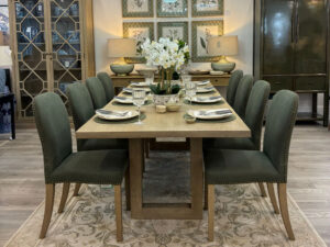 Newport Dining Table, 240cm & 8 Henley Dining Chairs in Olive Green