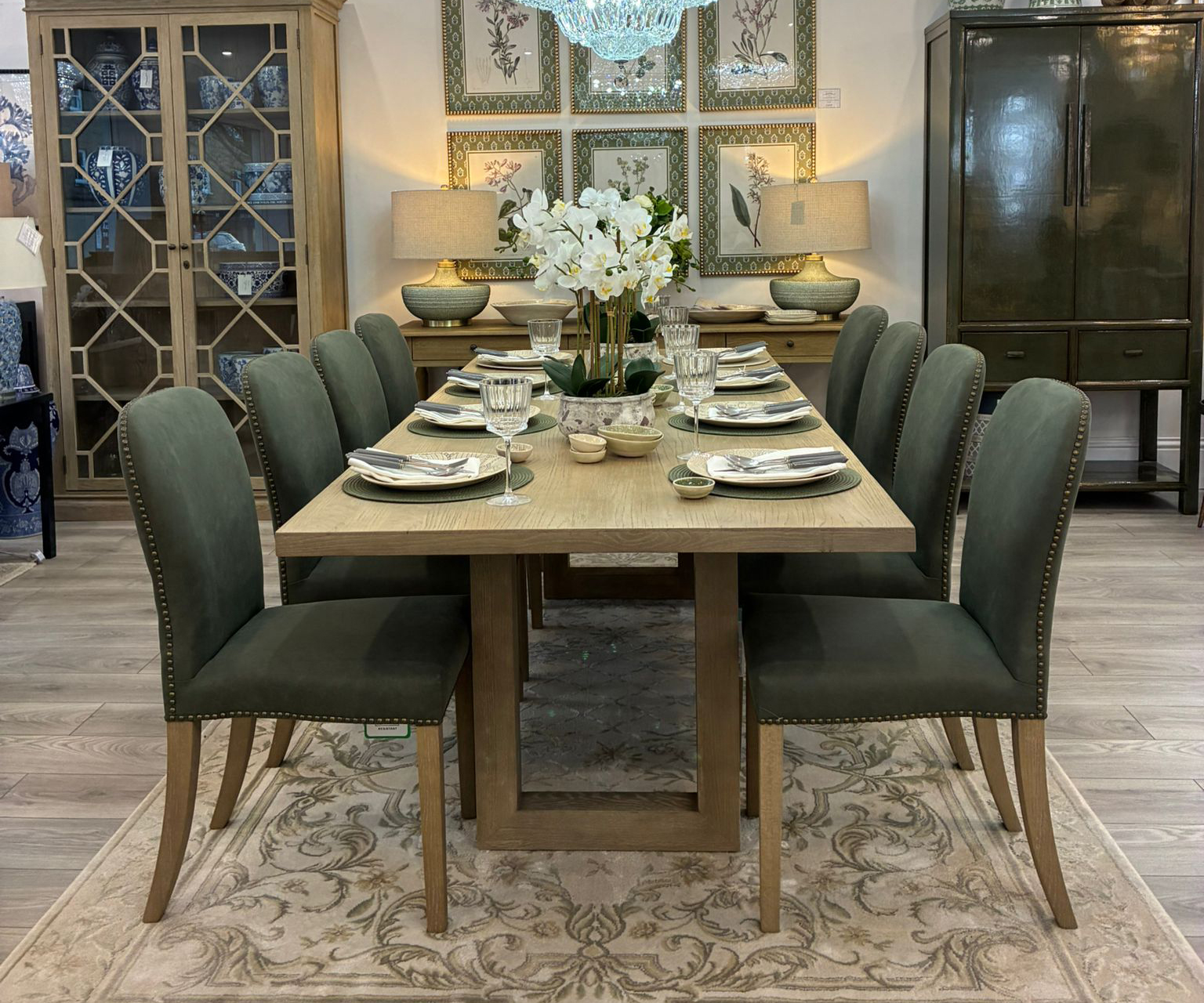 Newport Dining Table, 240cm & 8 Henley Dining Chairs in Olive Green