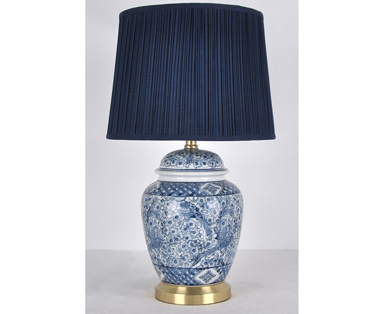Blue & White Chinoiserie Lamp with Pleated Indigo Shade