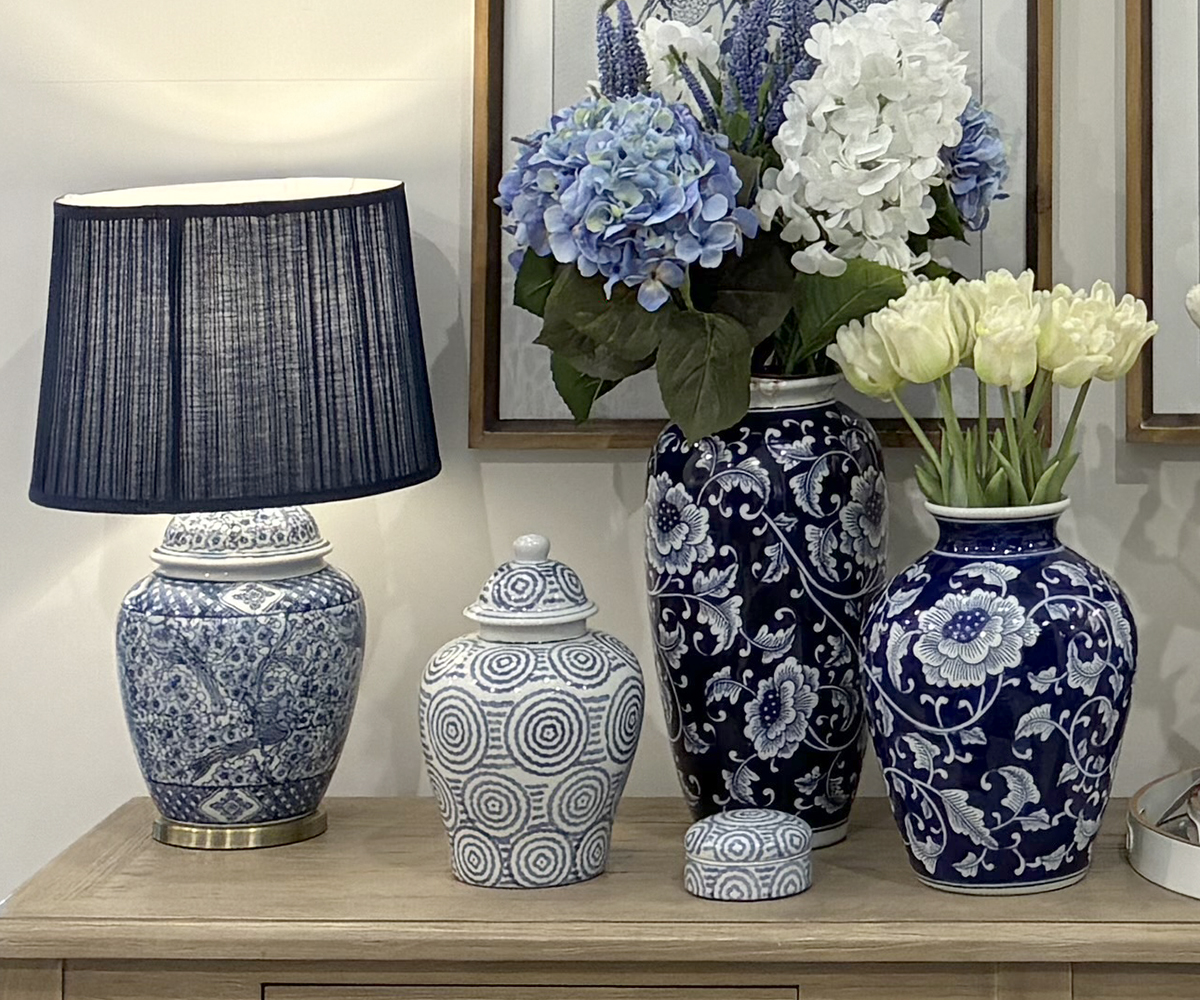 Blue & White Chinoiserie Lamp with Pleated Indigo Shade