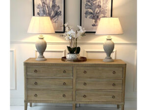 Ex-DISPLAY - Gustavian 6 Drawer Sideboard, 2 x Ernest Lamps & Orchid in Stone Pot
