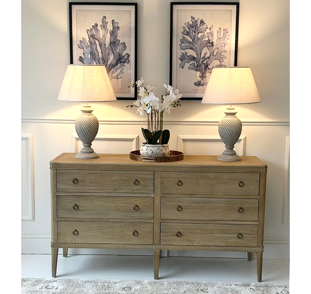 Ex-DISPLAY - Gustavian 6 Drawer Sideboard, 2 x Ernest Lamps & Orchid in Stone Pot
