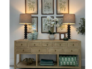 COMPLETE SET - Hampstead Reclaimed Wood 9 Drawer Console Table and Set of 6 Prints