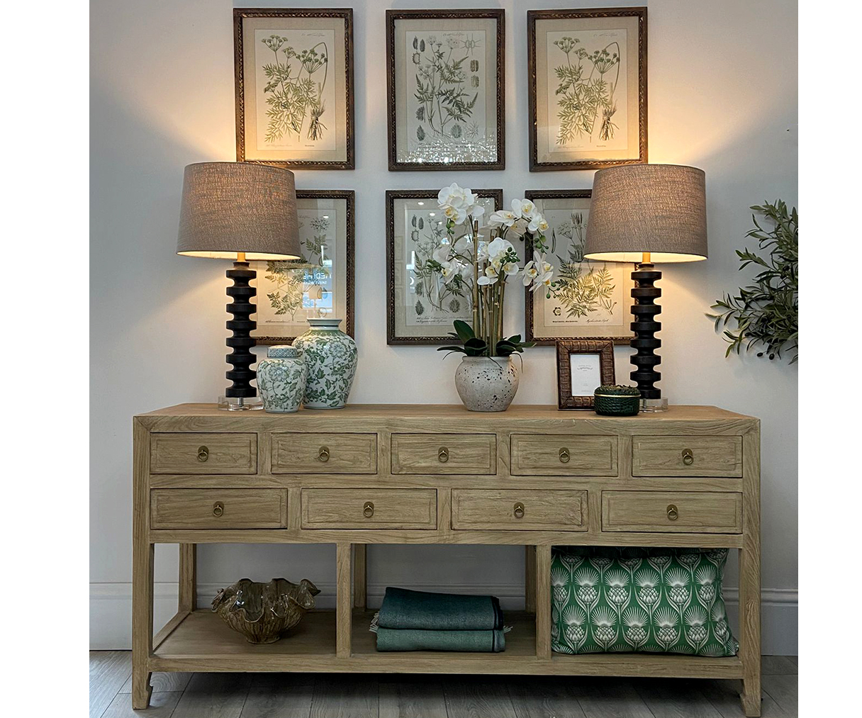 COMPLETE SET - Hampstead Reclaimed Wood 9 Drawer Console Table and Set of 6 Prints