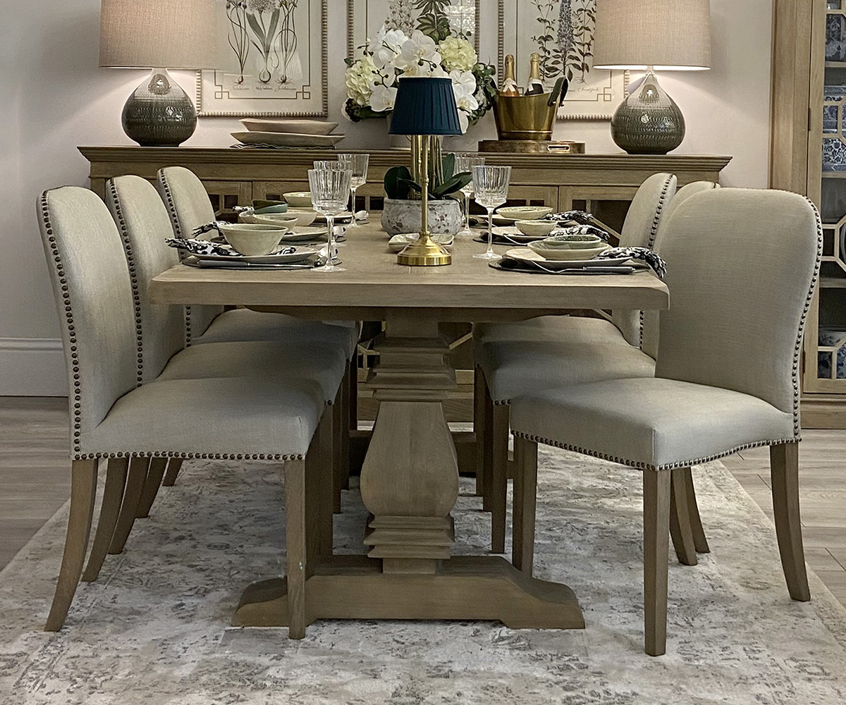 PRE-ORDER - Halland 240cm Oak Dining Table with Oak Base & 8 Henley Dining Chairs