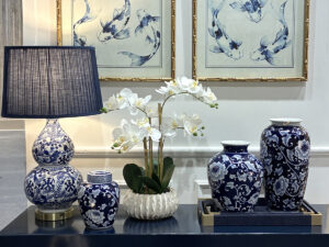 Blue & White Koi Fish Lamp with Pleated Indigo Shade