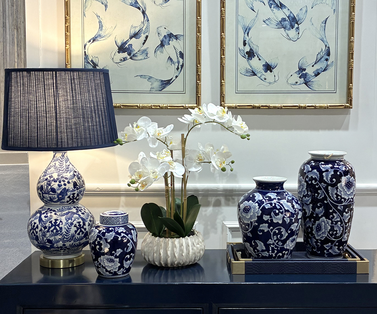 Blue & White Koi Fish Lamp with Pleated Indigo Shade