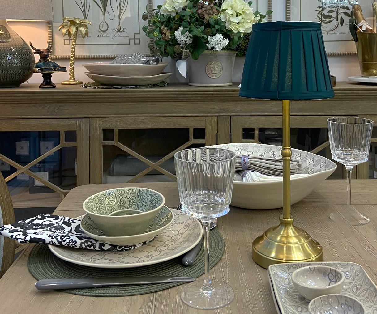 Cordless LED Table Lamp with Green Pleated Shade