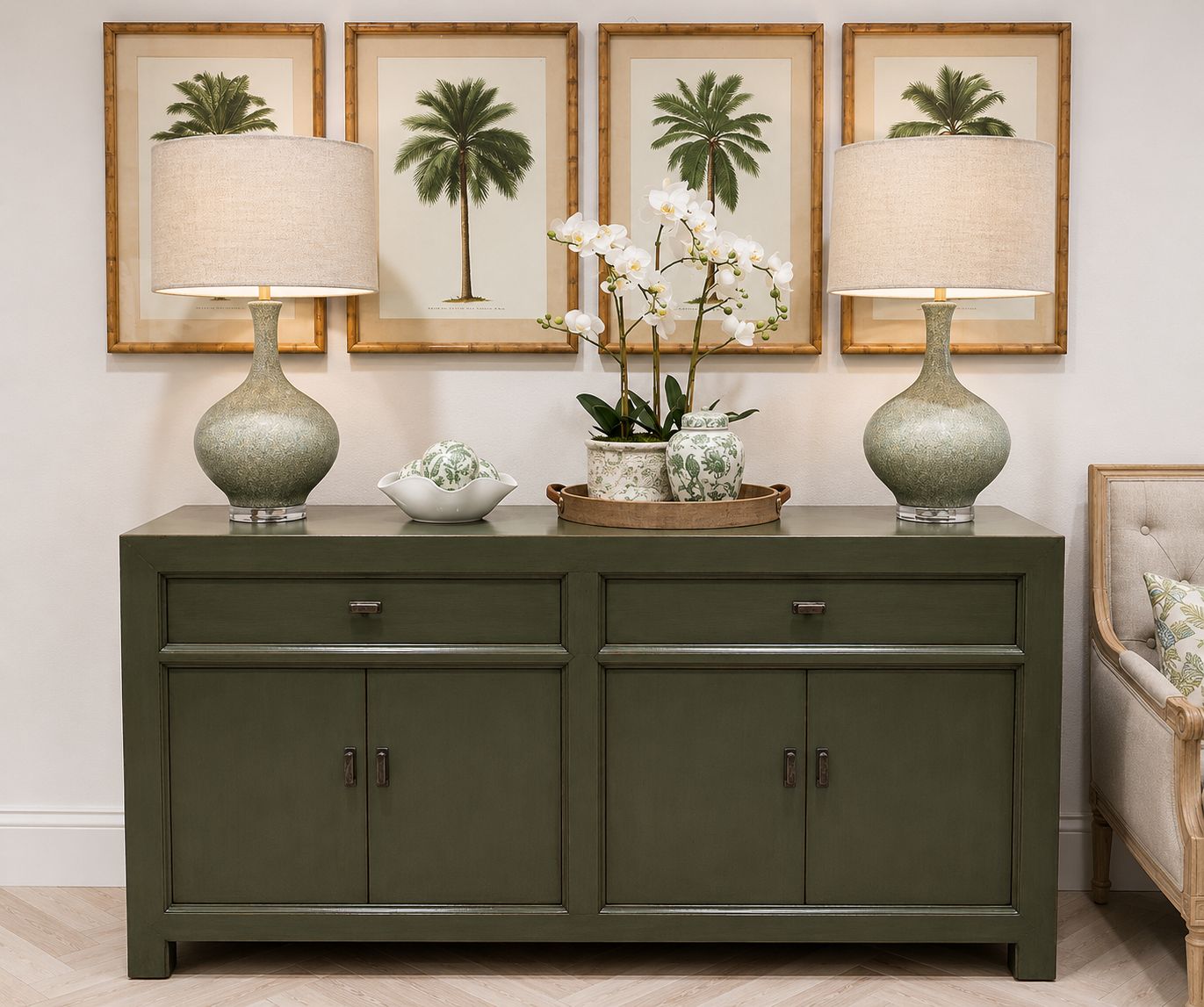 Oriental Style Mei 4 Door 2 Drawer Sideboard in Moss
