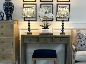 Pair of Tabitha Table Lamps in Stiffkey Blue with Blue Ikat Shade