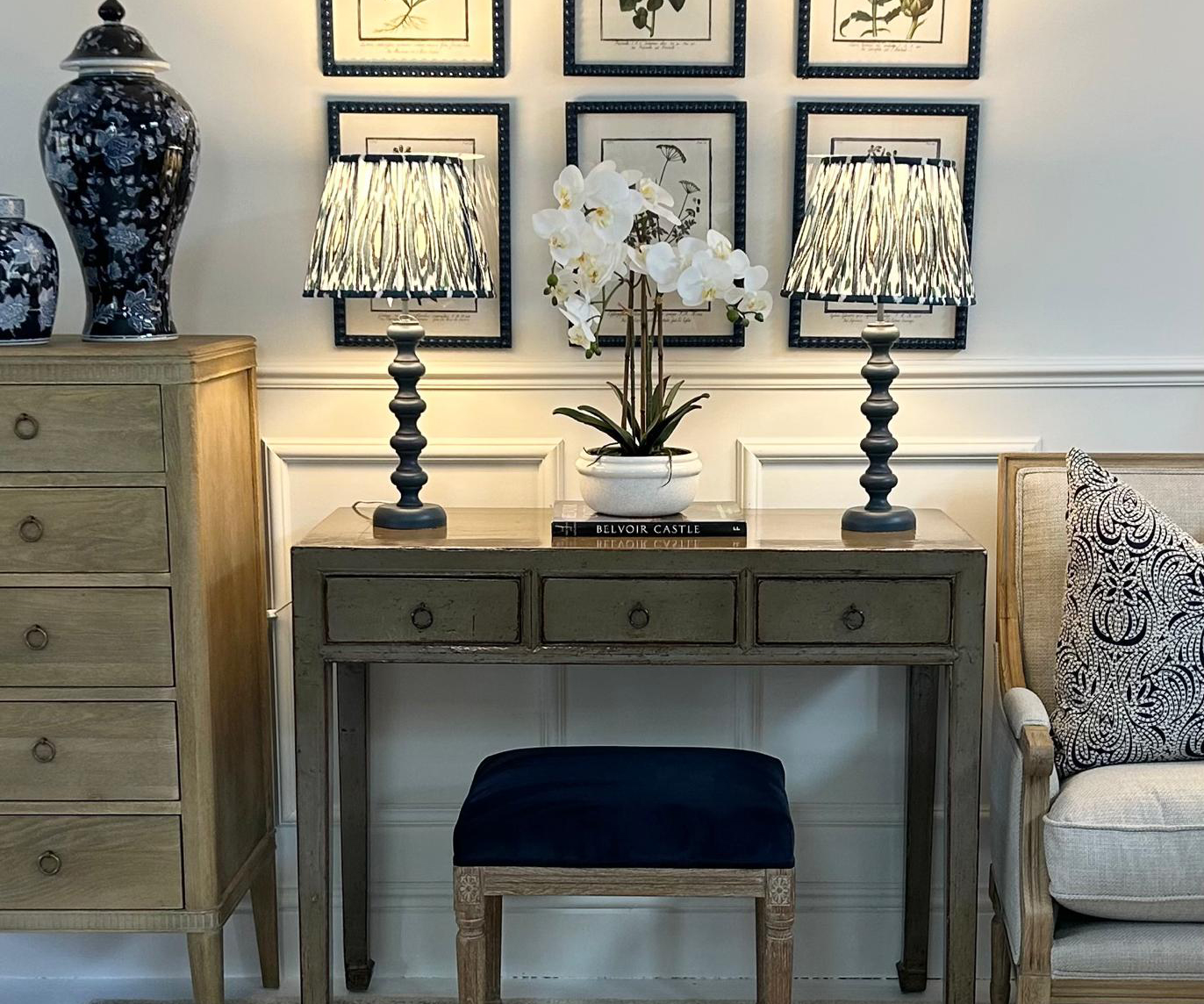 Pair of Tabitha Table Lamps in Stiffkey Blue with Blue Ikat Shade