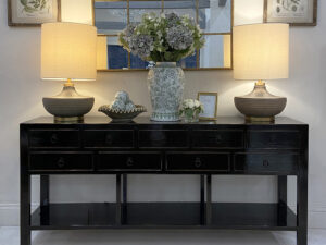 9 Drawer Console Table in High Gloss Black Lacquer