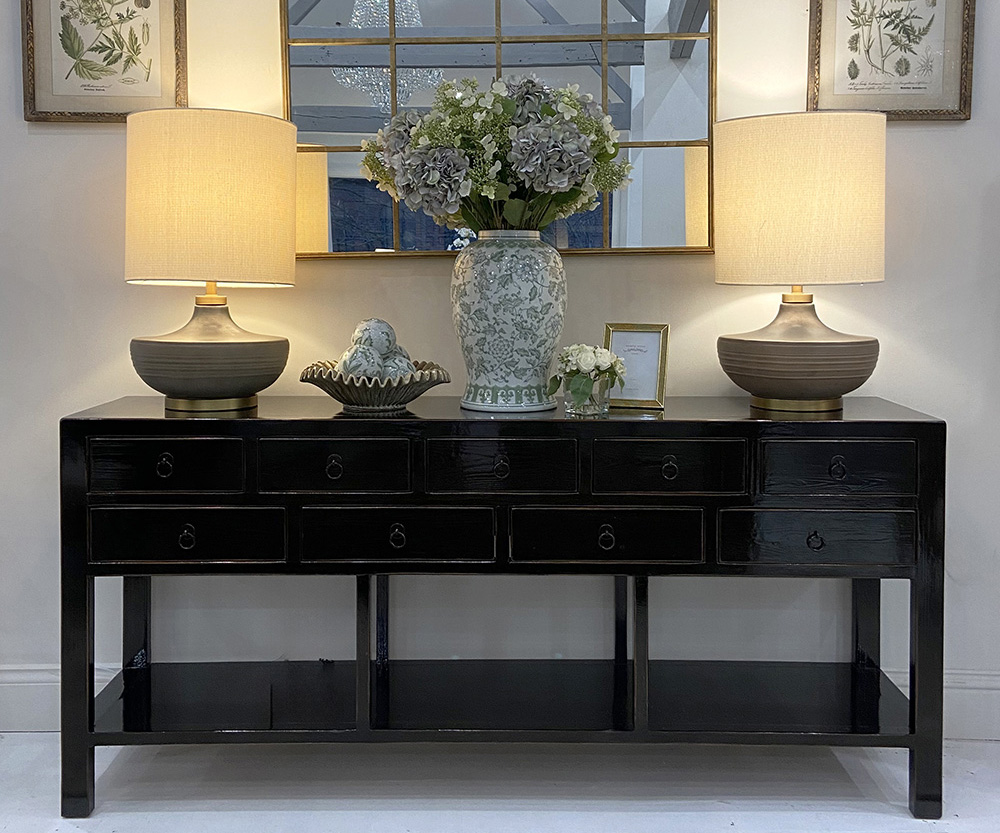 9 Drawer Console Table in High Gloss Black Lacquer