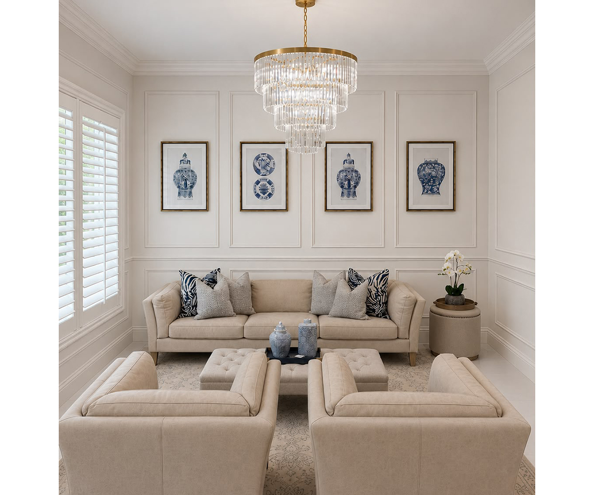 EX-DISPLAY - Soho 4 Seater Sofa in Clay Leather & Amelia Stool in Linen with Set of 4 Prints