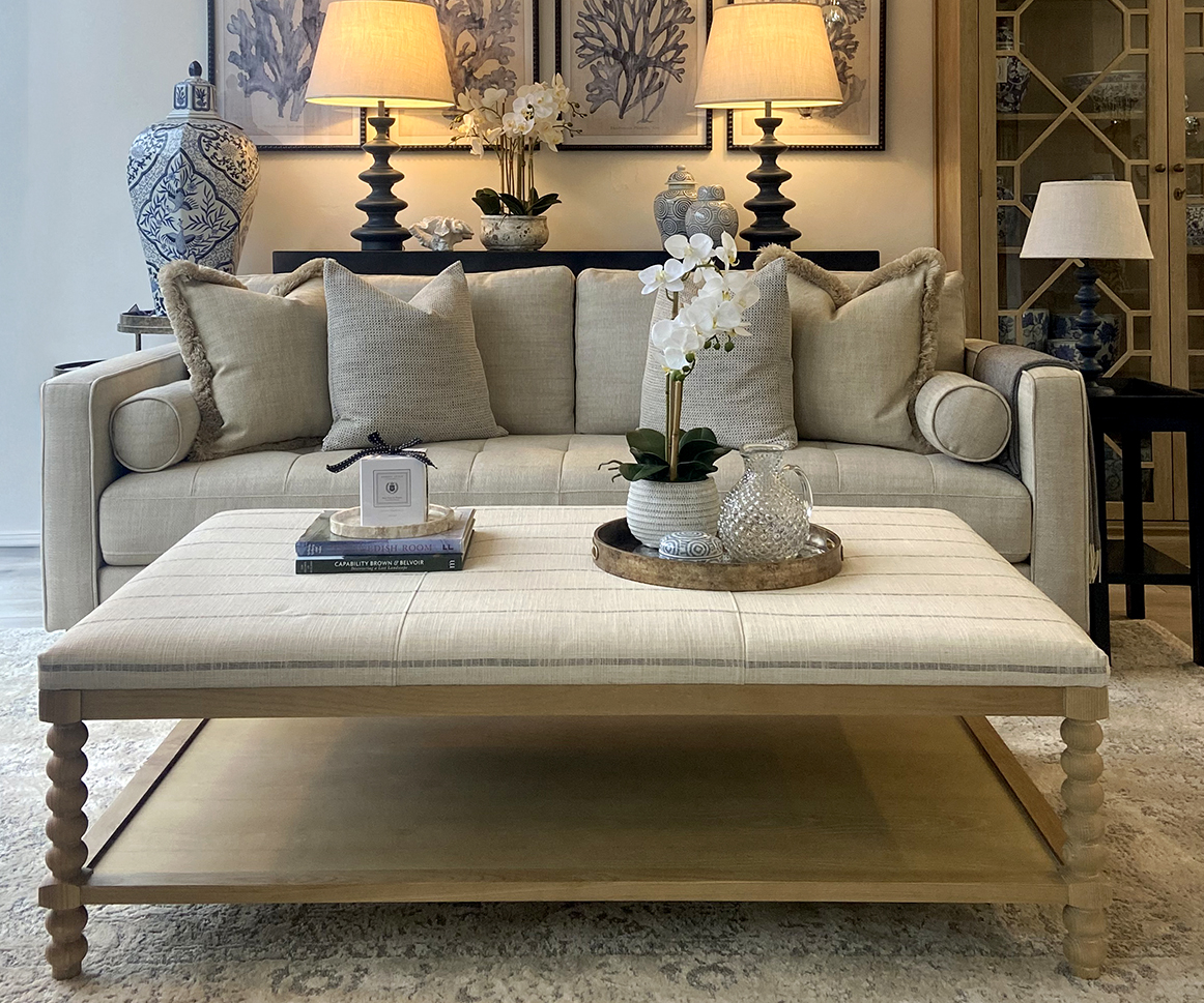 Large Bobbin Upholstered Coffee Table in Salcome Ocean, 140cm