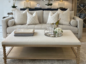 Large Bobbin Upholstered Coffee Table in Natural Calico, 140cm