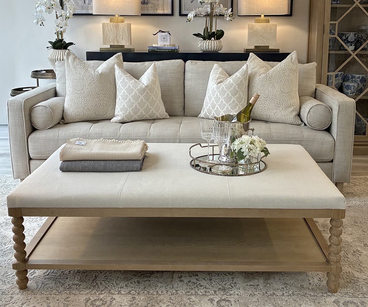 Large Bobbin Upholstered Coffee Table in Natural Calico, 140cm