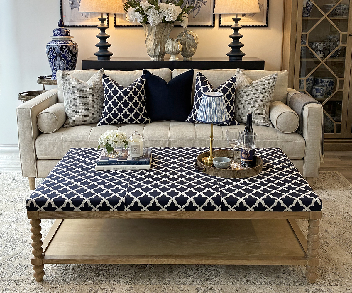 Large Bobbin Upholstered Coffee Table in Pergola Ink, 140cm