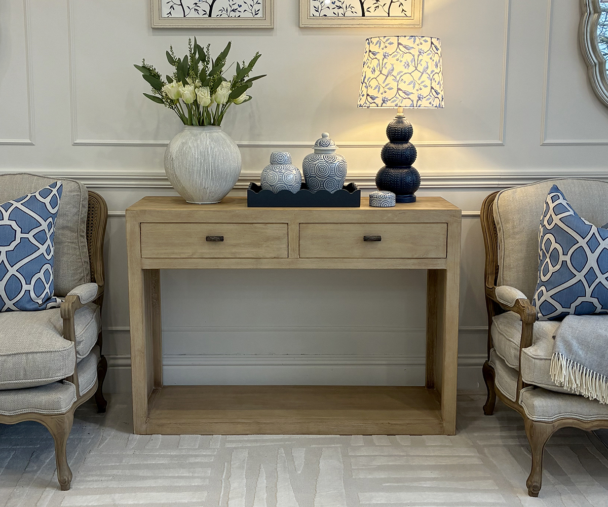 EX-DISPLAY - Sample Oriental Style Mei 2 Drawer Console in Light Oak Wood