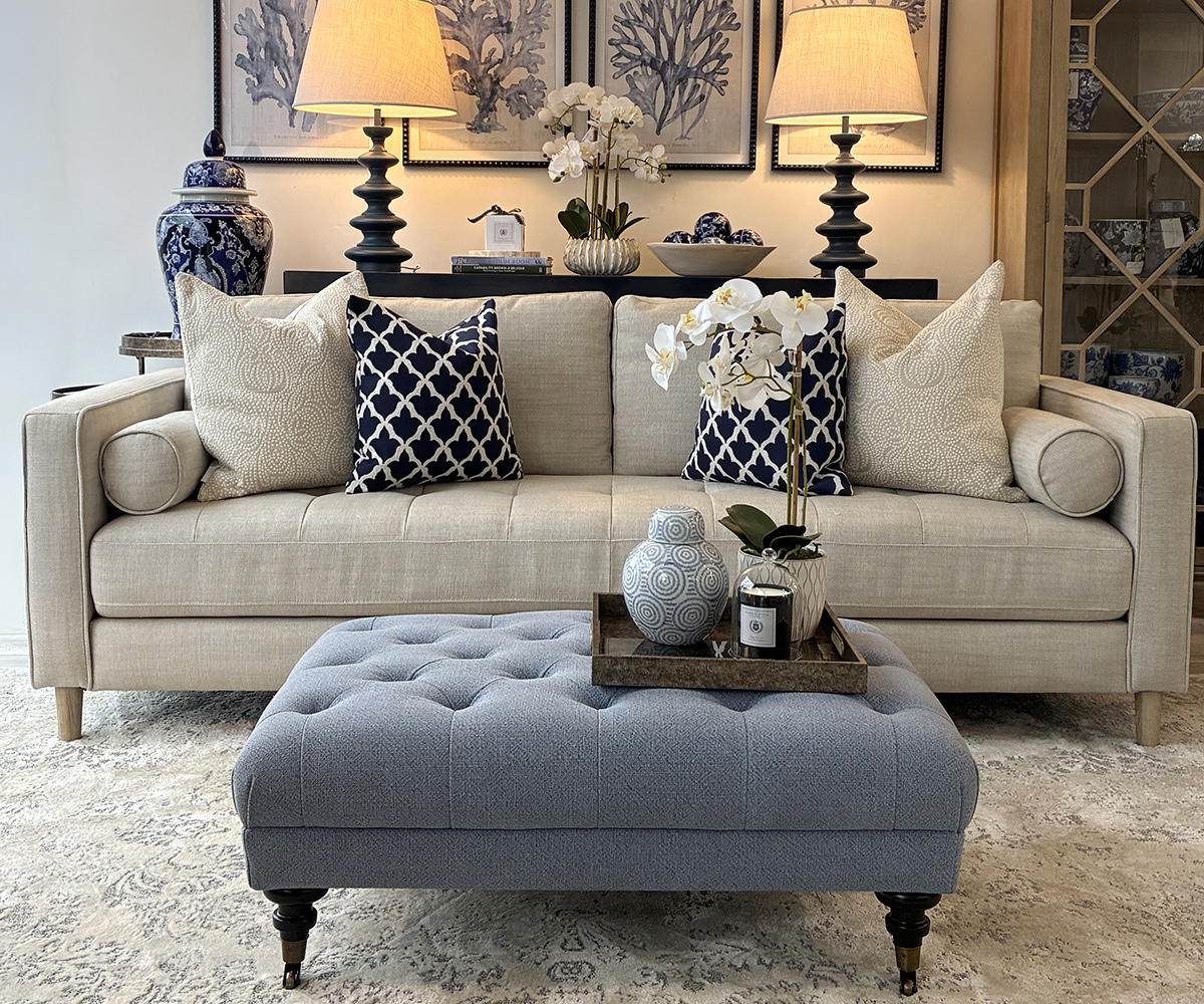 Woodstock Tufted Ottoman in Denim Fabric