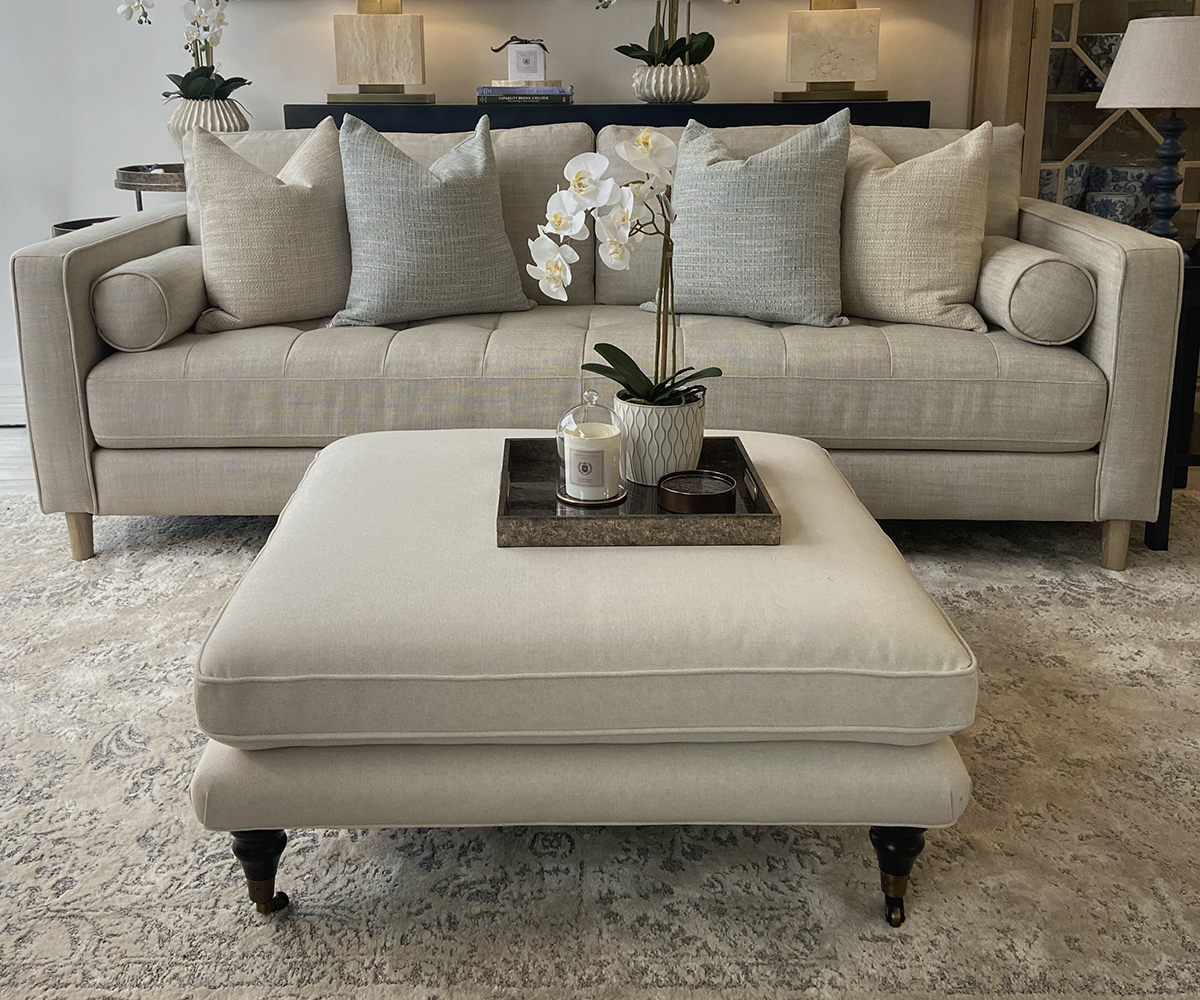 Burford Square Ottoman in Natural Calico
