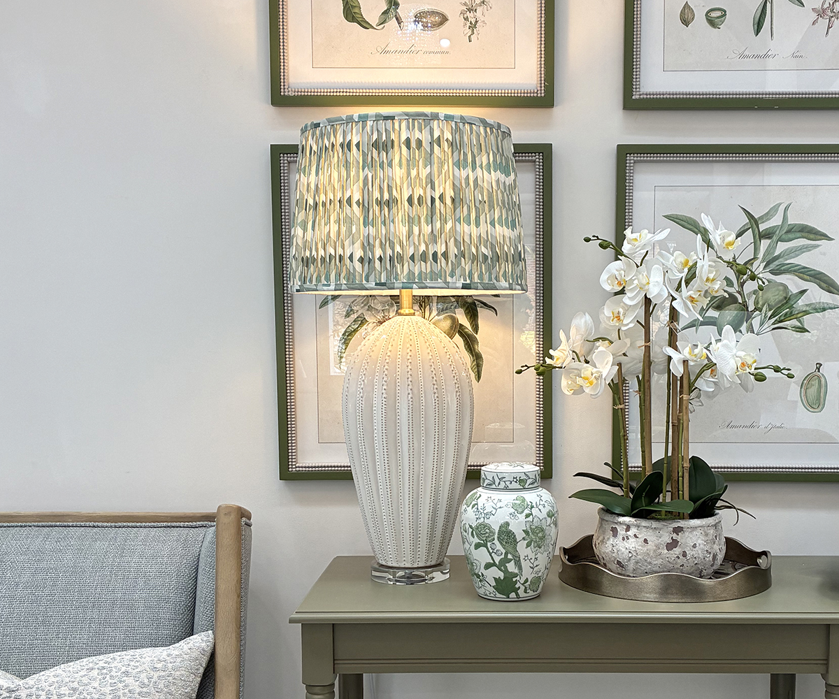 Arabella Lamp with Green Aztec Pleated Shade