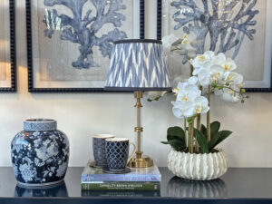 Brass & Glass LED Table Lamp with Indigo Ikat Shade