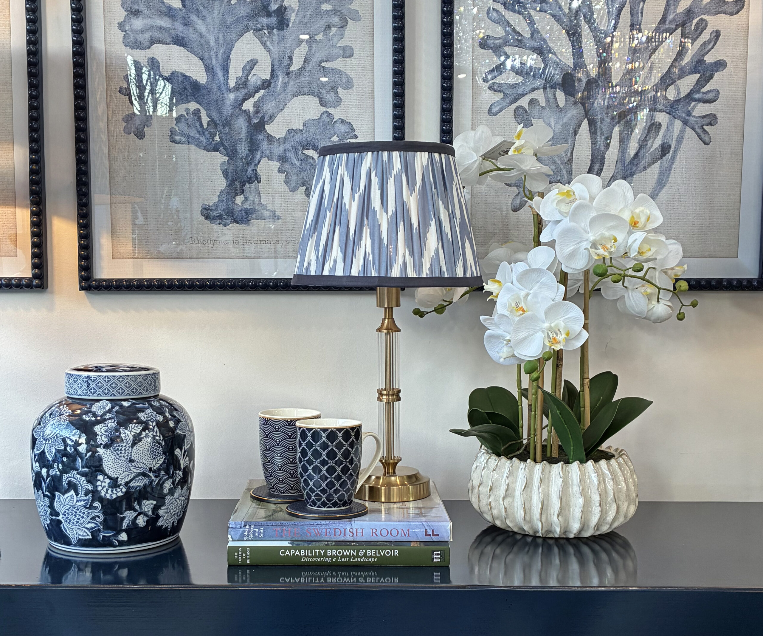 Brass & Glass LED Table Lamp with Indigo Ikat Shade