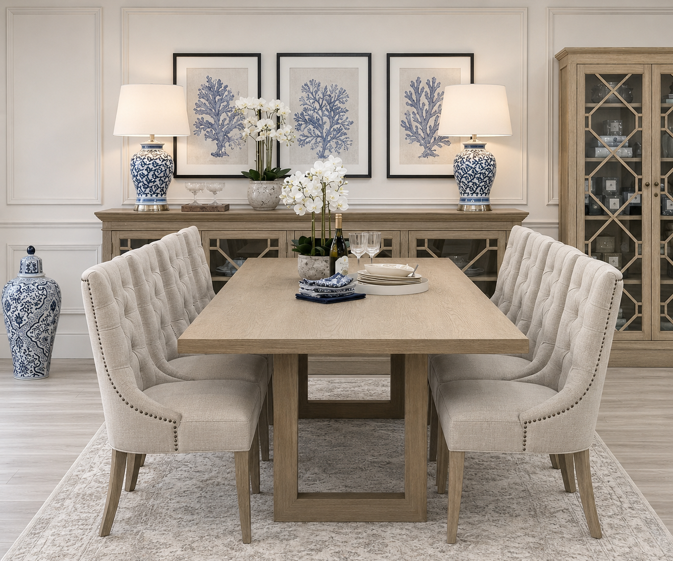 Newport Dining Table 240cm & 8 Ava Dining Chairs in Linen