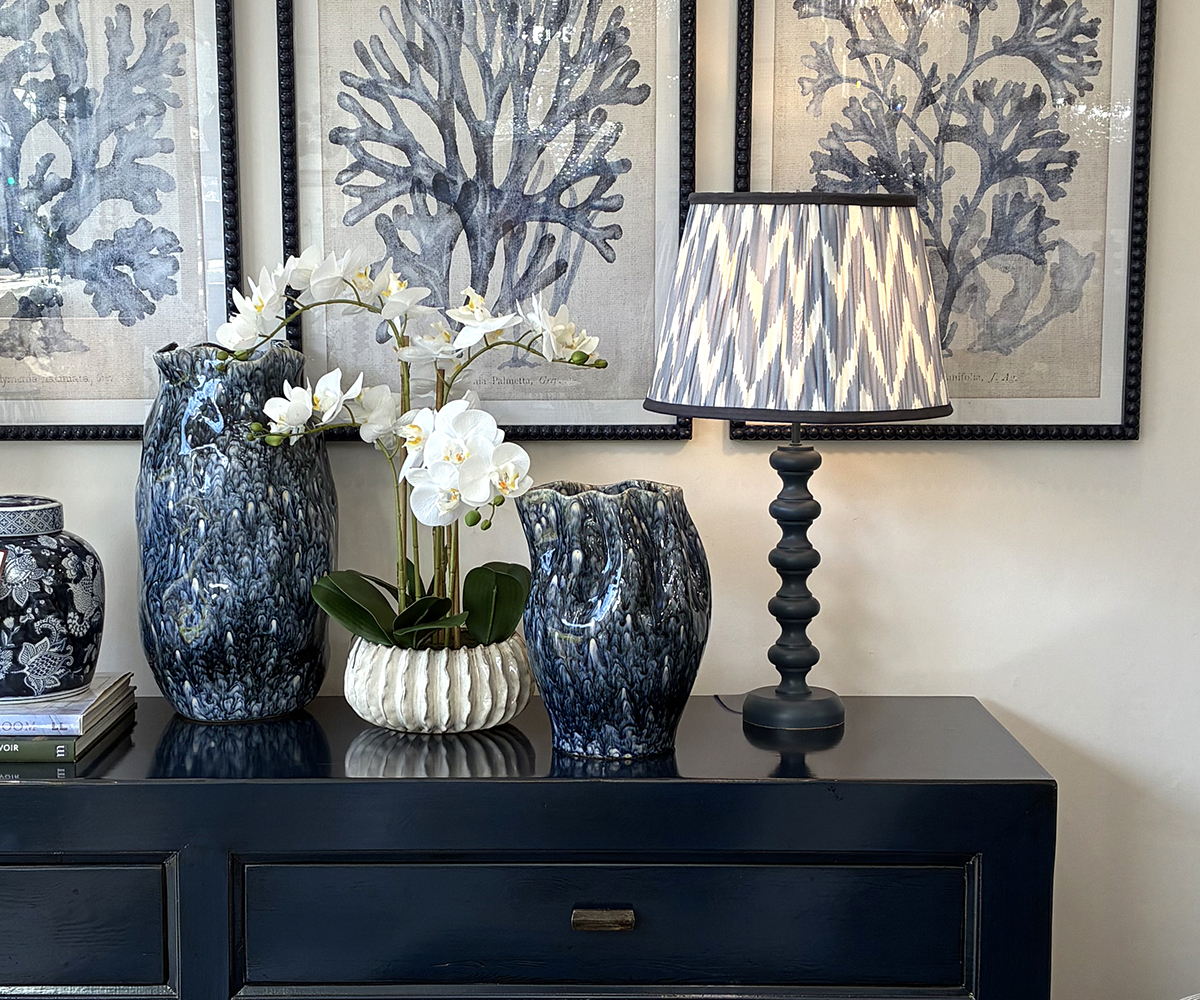 Tabitha Table Lamp in Stiffkey Blue with Indigo Ikat Shade