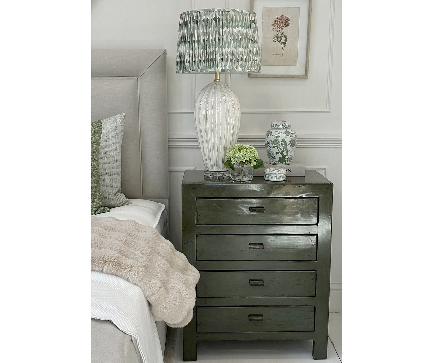 EX-DISPLAY - Oriental Style 4 Drawer Bedside Chest in Moss