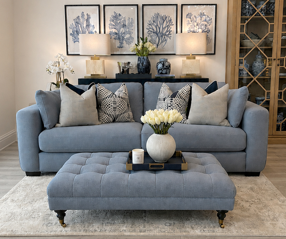EX-DISPLAY - Lexington 3 Seater Sofa and Large Woodstock Footstool n Discontinued Denim Fabric