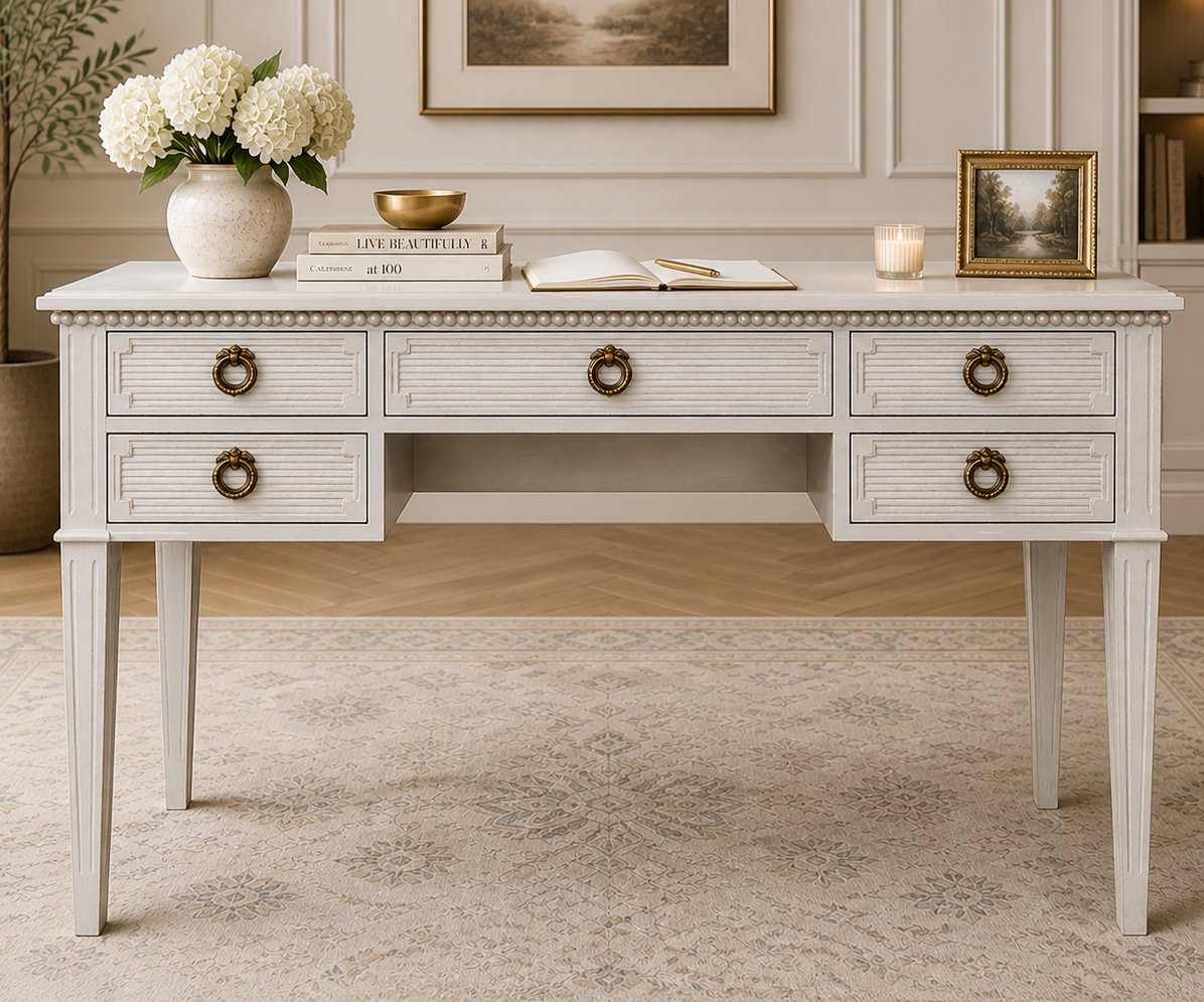 PRE-ORDER - Gustavian Oak Desk in Chalk Grey