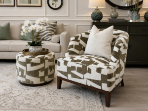 Archie Armchair & Tiggy Stool in Pablo Moss