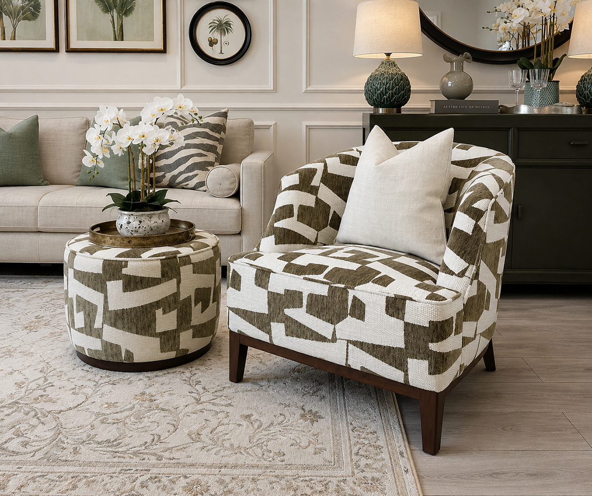 Archie Armchair & Tiggy Stool in Pablo Moss