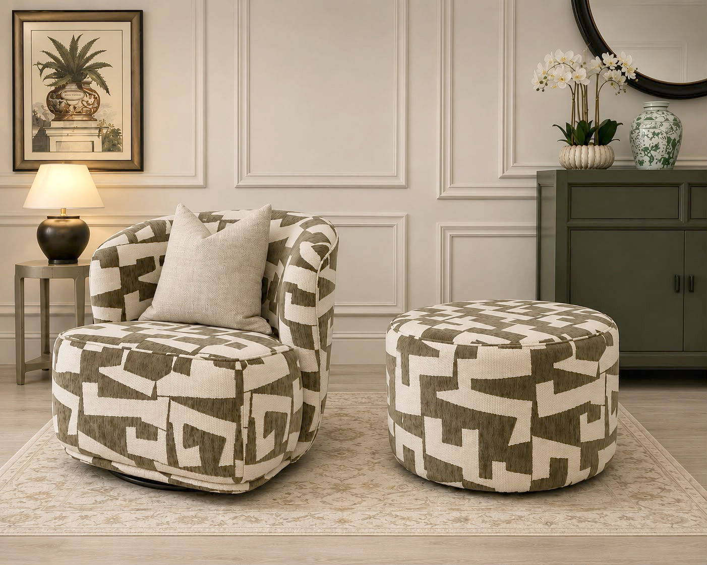 Clara Swivel Chair & Pierre Ottoman in Pablo Moss