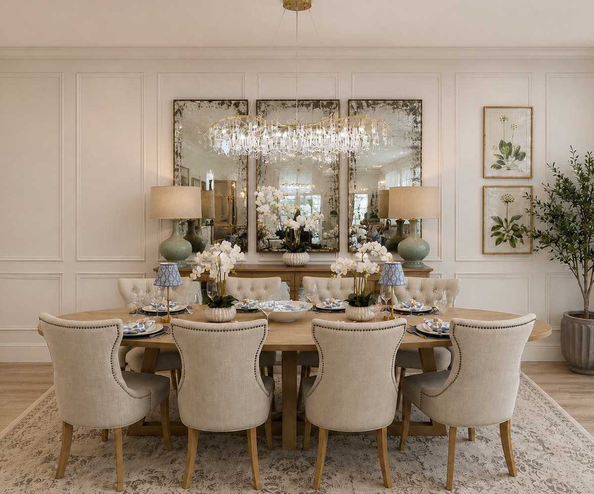 EX-DISPLAY - Hamptons 280cm Oval Dining Table & 8 Ava Dining Chairs in Linen