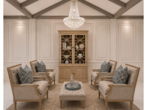 Complete Set- 4 x Louis XVI Oak Armchair in Linen & Constance Footstool
