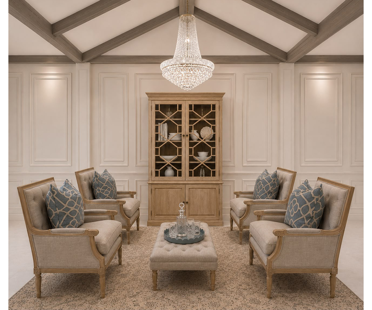 Complete Set- 4 x Louis XVI Oak Armchair in Linen & Constance Footstool