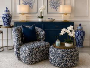 Clara Swivel Chair & Pierre Ottoman in Positano Ink Fabric