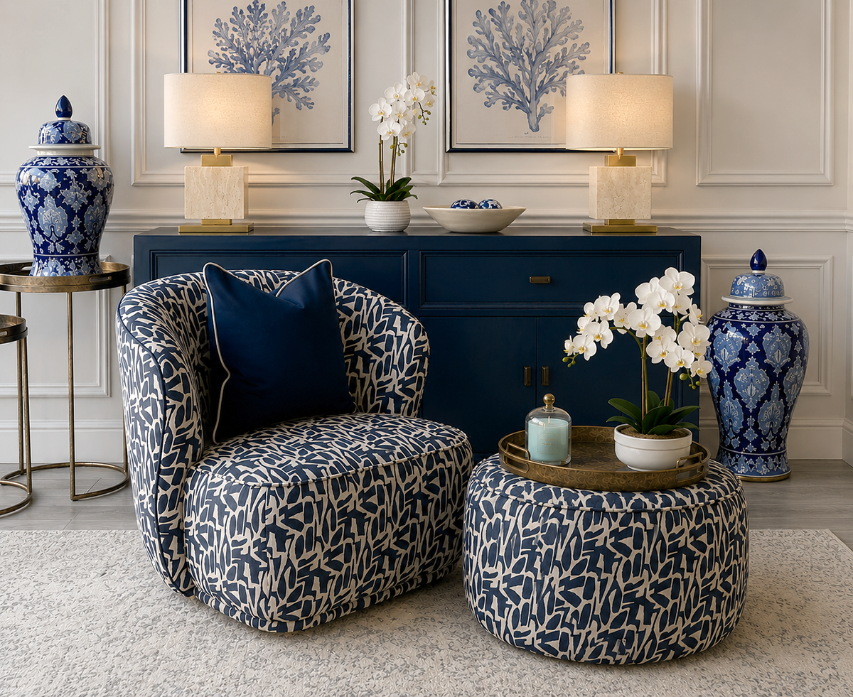 Clara Swivel Chair & Pierre Ottoman in Positano Ink Fabric